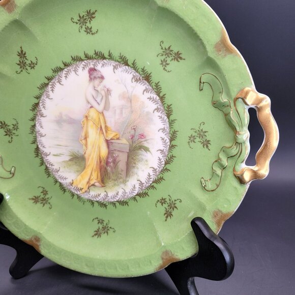 Vintage Platter RC Carmen Bavaria Crown Plate Woman in Garden Green Gold CR14 - Picture 4 of 10